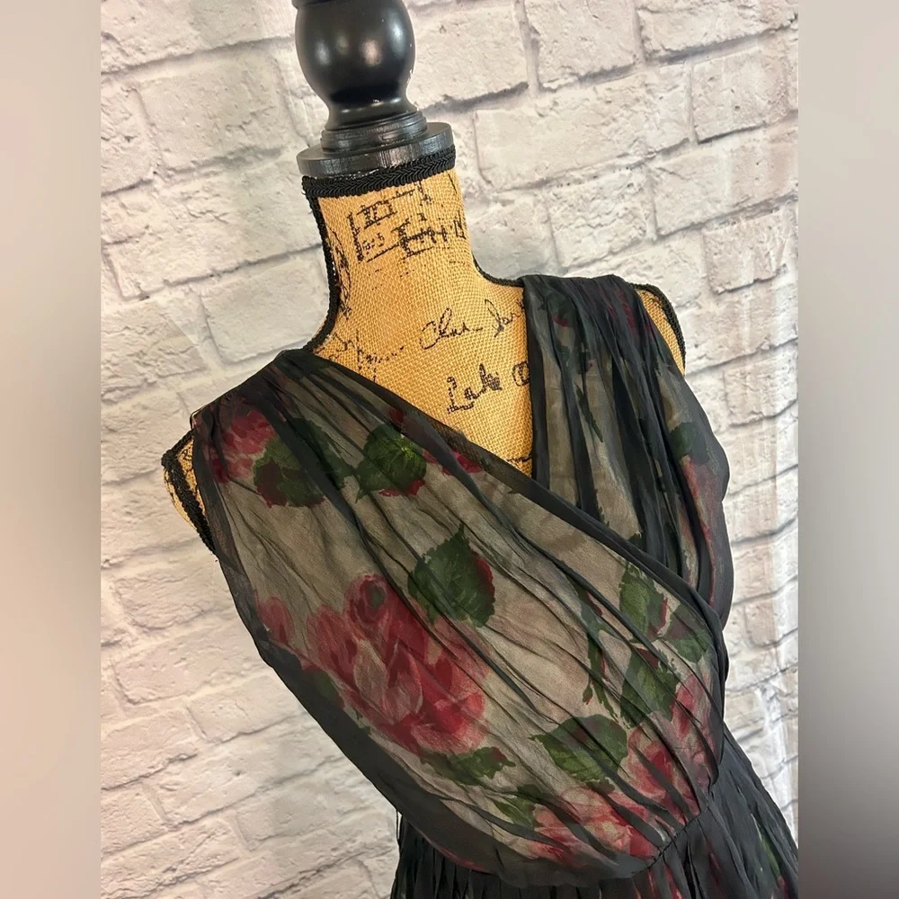 Vintage 50s Dress WOUNDED BIRD Black Pink Floral Midi Evening Formal Party Prom - Picture 7 of 17